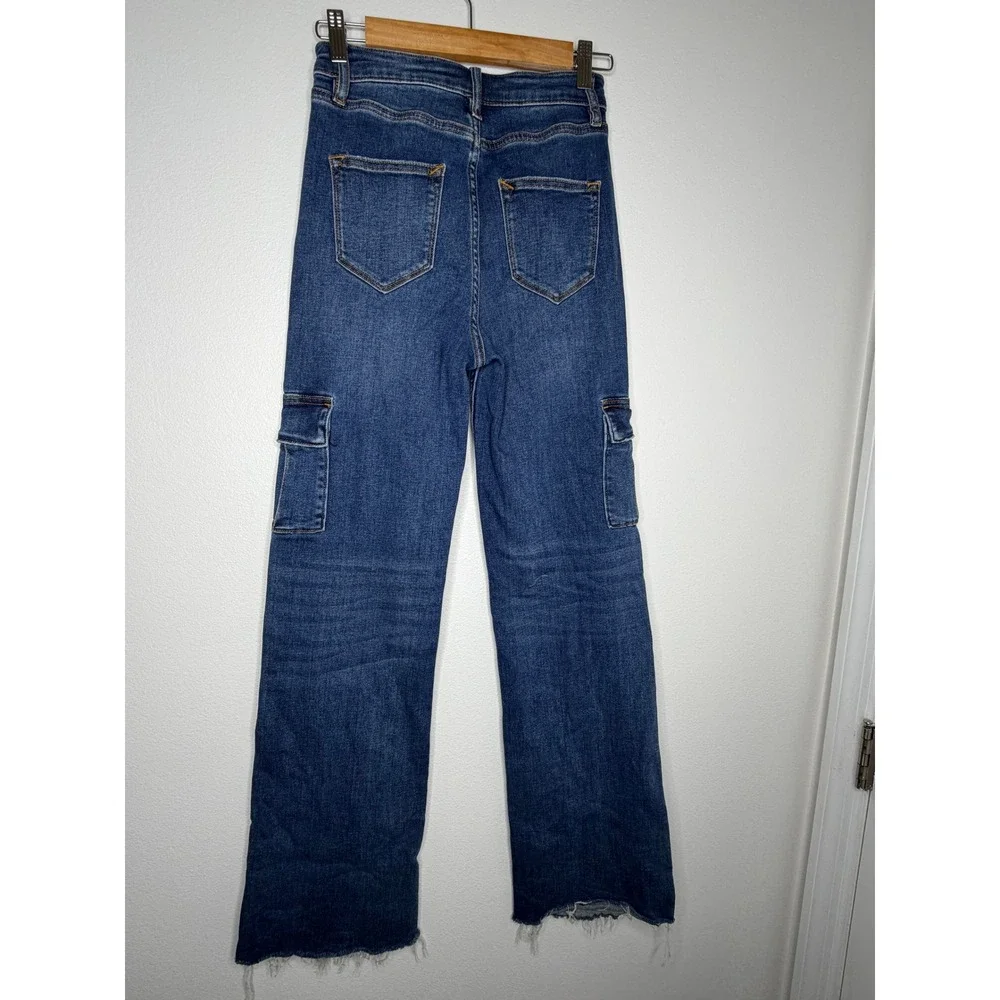AQUA Cargo Utility Straight Leg Jeans Size 24 Raw Hem High Rise Stretch Denim